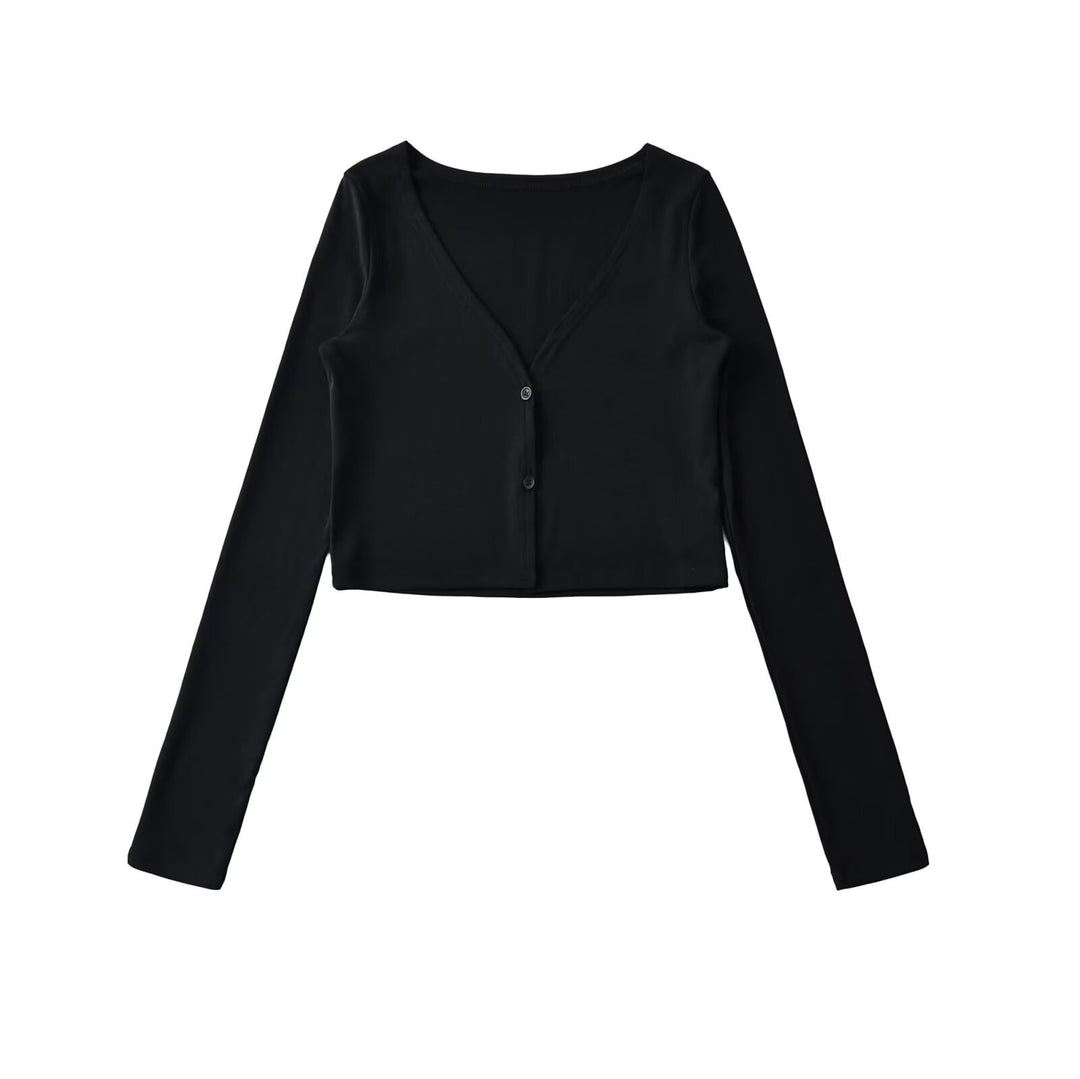 Women Cropped Jersey Cardigan with Deep V-Neck and Narrow Button Placket Mune Fashion