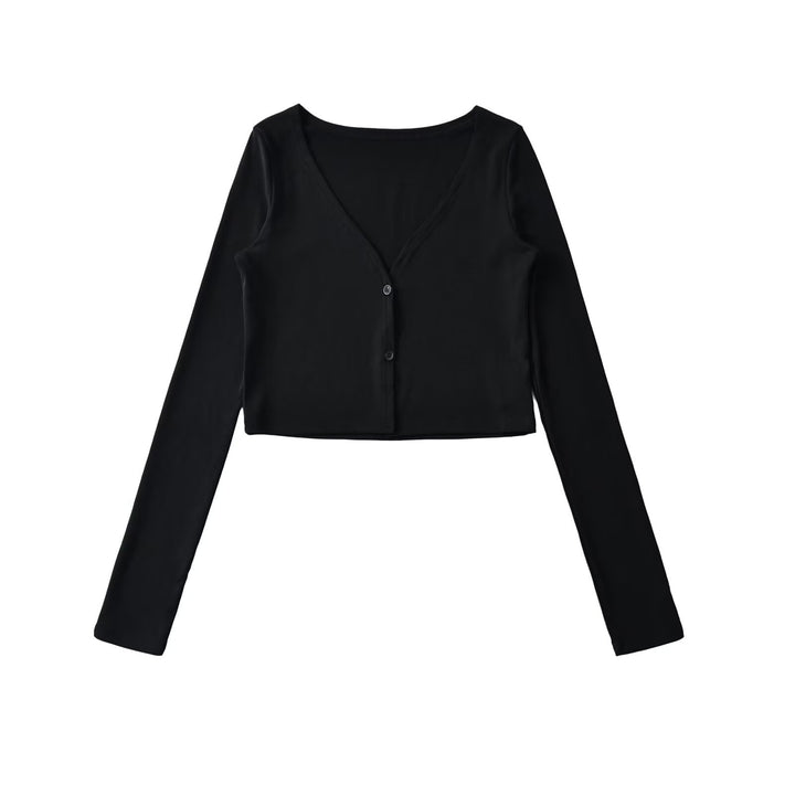Women Cropped Jersey Cardigan with Deep V-Neck and Narrow Button Placket Mune Fashion