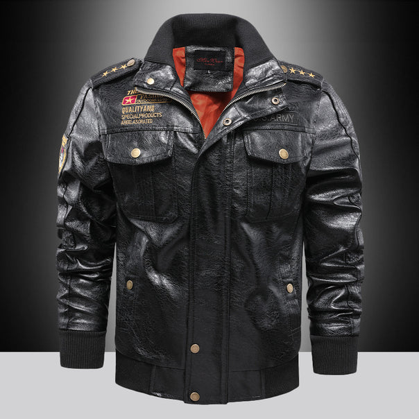 Men's premium faux leather aviator jacket in aviator look with appliqués and zipper placket Mune Fashion