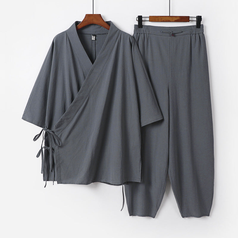 Unisex Lightweight Wrap Lounge Set in Kimono Style with Side Ties and Elastic Tapered Pants Mune Fashion