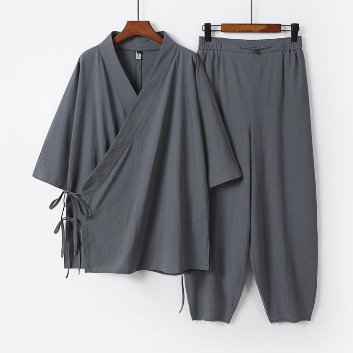 Unisex Lightweight Wrap Lounge Set in Kimono Style with Side Ties and Elastic Tapered Pants Mune Fashion