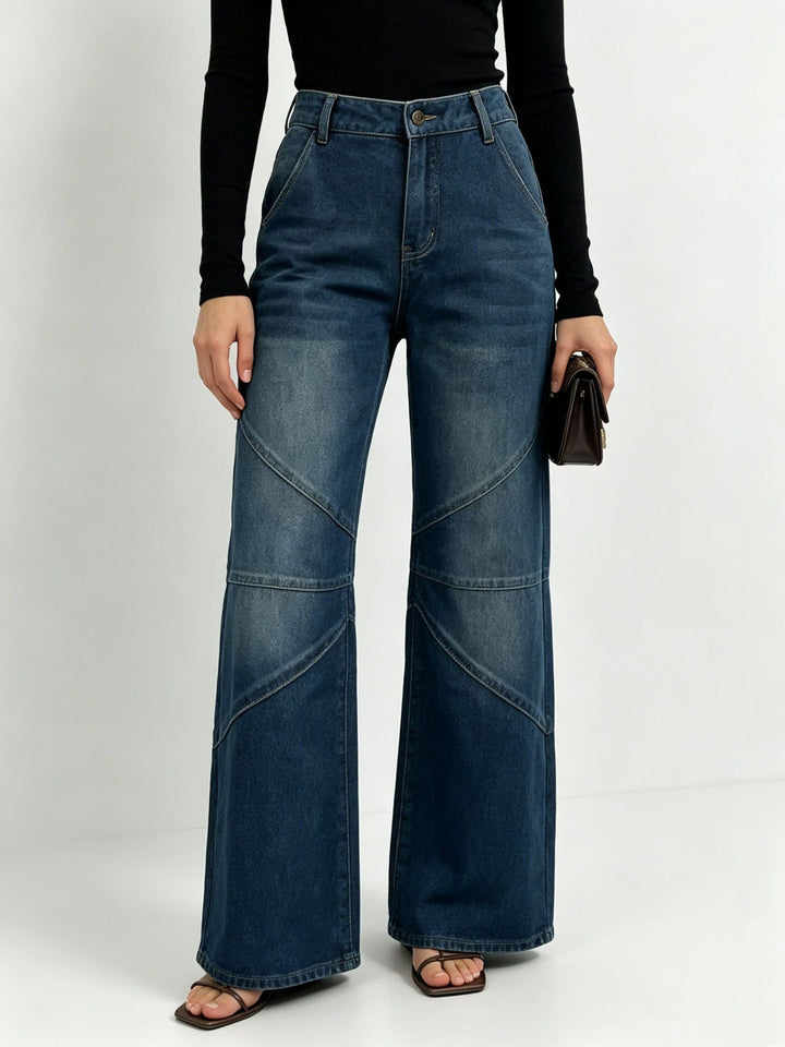 Women's wide jeans with high waist, curved decorative seams and wide leg Mune Fashion
