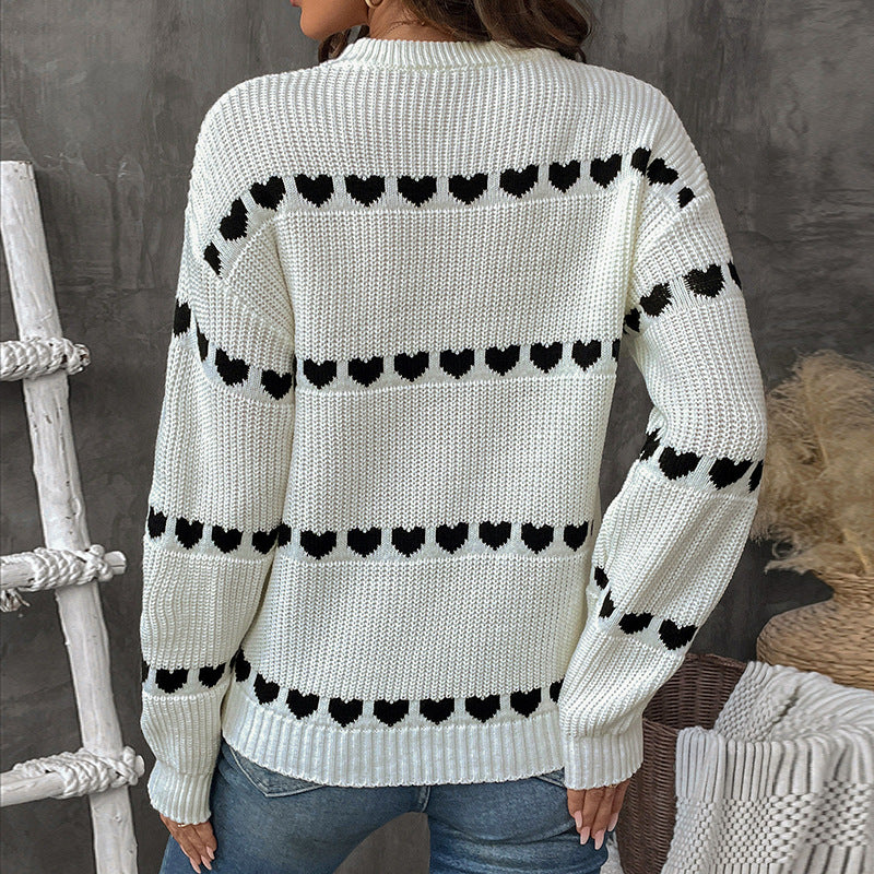 Women's knitted sweater with heart jacquard, oversized round neck & ribbed cuffs Mune Fashion