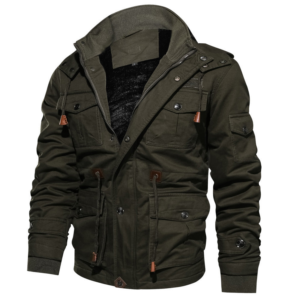 Men's multifunctional canvas field jacket with teddy fleece lining, hood, and utility pockets Mune Fashion