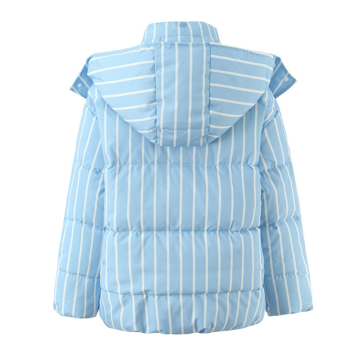 Women's Quilted Puffer Jacket with Removable Hood Trim, High Stand Collar and Vertical Stripe Pattern Mune Fashion