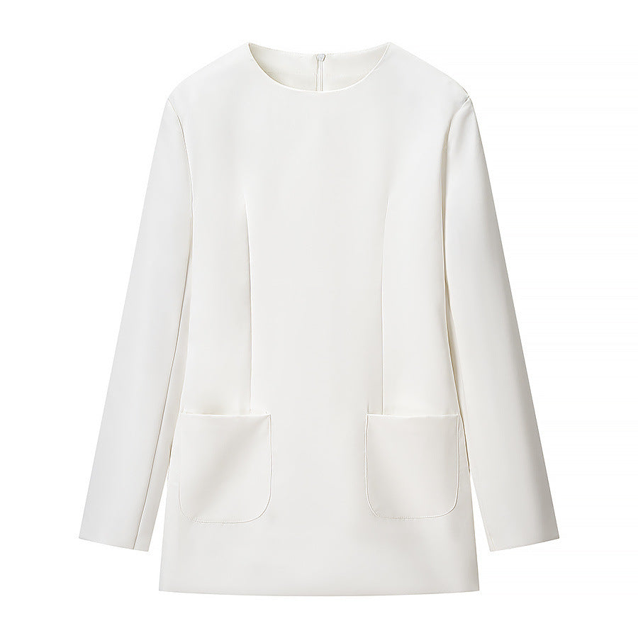 Women Figured Fitted Mini Dress with Emphasized Shoulders and Patch Pockets Mune Fashion