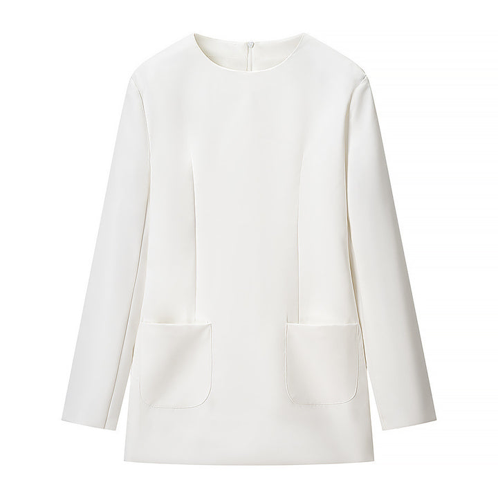 Women Figured Fitted Mini Dress with Emphasized Shoulders and Patch Pockets Mune Fashion