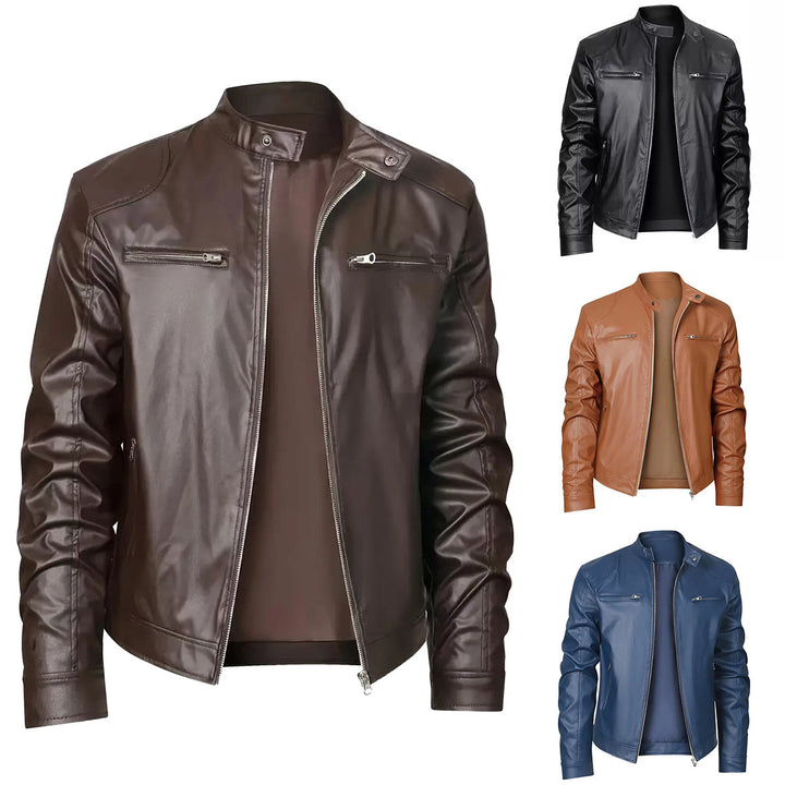 Men's slim faux leather biker jacket with stand-up collar, full zip and two chest pockets Mune Fashion