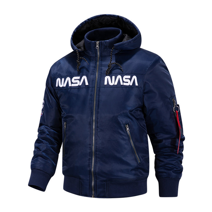 Men's  quilted-lined hooded pilot bomber with high-neck rib collar and zip sleeve utility pocket Mune Fashion