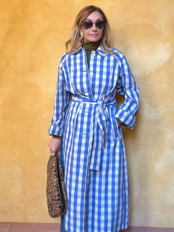 Women's long checkered coat with waist belt and shirt collar Mune Fashion