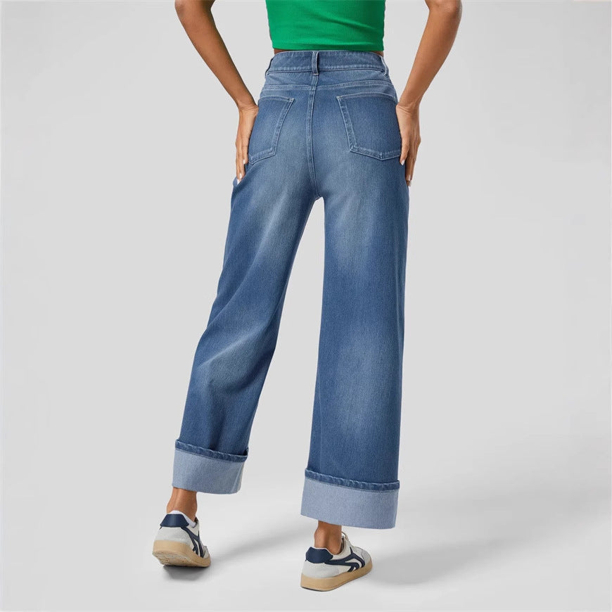 Women's high-waisted wide ankle-length jeans with wide cuff and five-pocket cut Mune Fashion