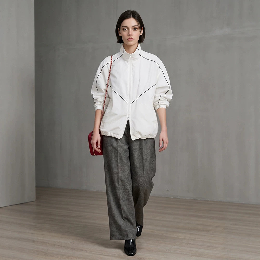 Women’s short bomber-style jacket with sculptural seam design and high stand-up collar Mune Fashion