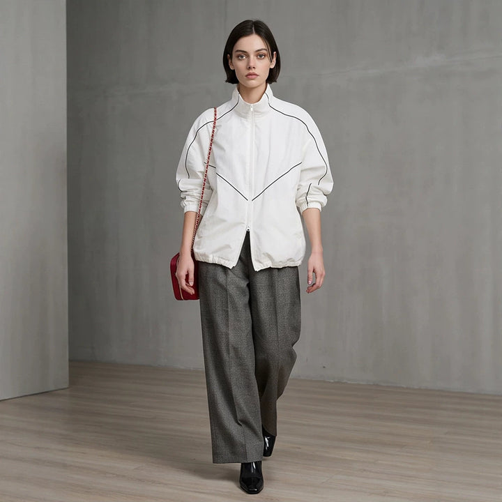 Women’s short bomber-style jacket with sculptural seam design and high stand-up collar Mune Fashion