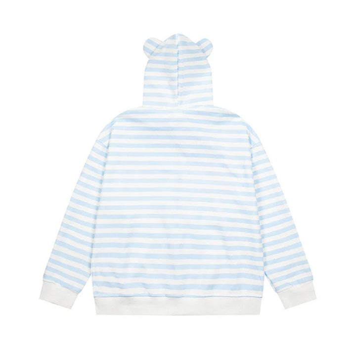 Women's Striped Hooded Sweat Jacket with Teddy Pendant, Ear Hood and Embroidery Detail Mune Fashion