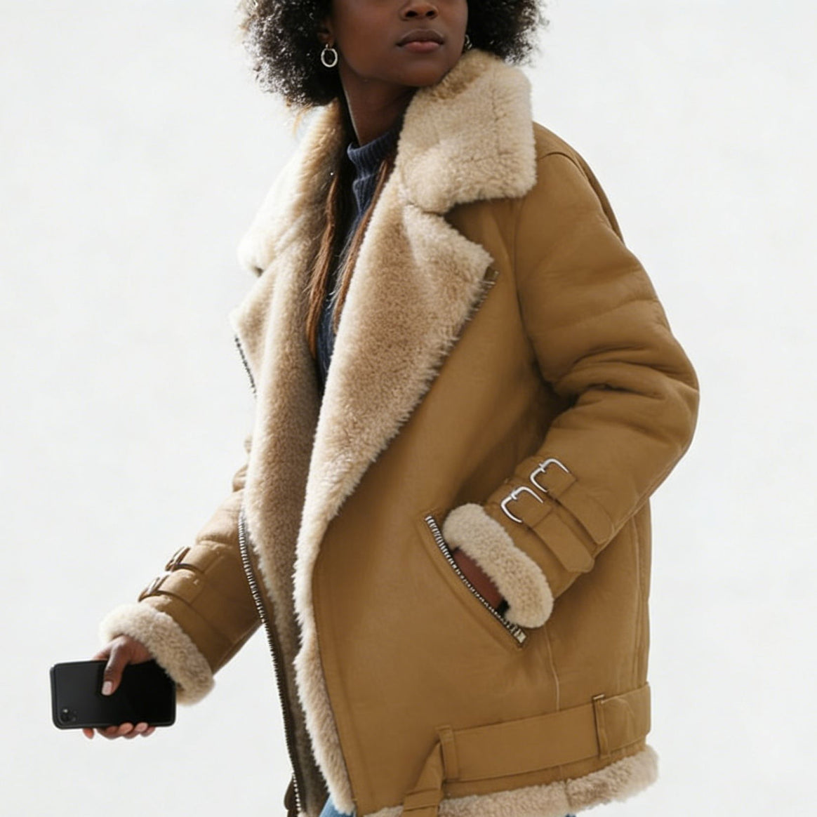 Women Short Bomber Jacket with Teddy Lining, Soft Lamb Fur Collar and Zipper Mune Fashion