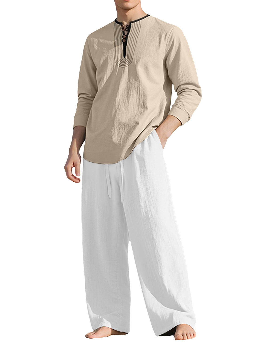 Men's tunic and Palazzo pants set with Henley placket, decorative embroidery and wide cut Mune Fashion