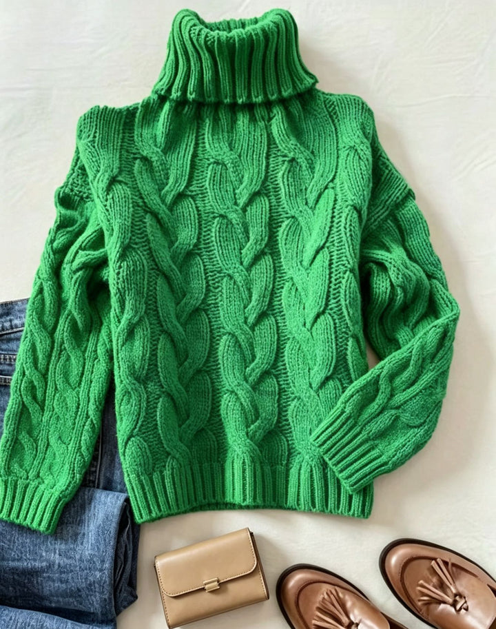 Women's chunky knit turtleneck sweater with distinctive cable patterns and ribbed cuffs Mune Fashion