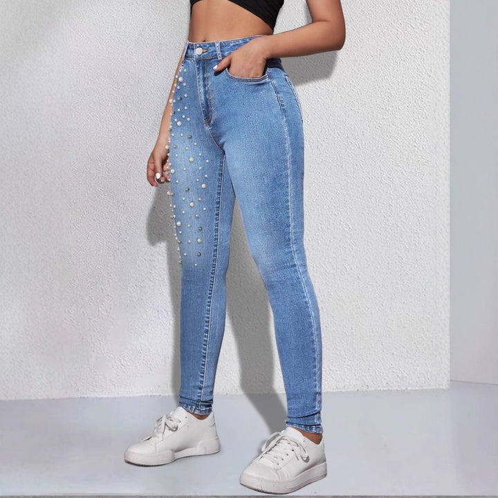 Women High-Rise Sculpting Skinny Jeans with Asymmetric Pearl Pattern Mune Fashion