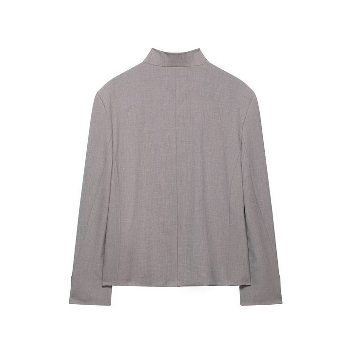 Women's Short Blazer with Asymmetrical Button Placket and Stand-up Collar Mune Fashion