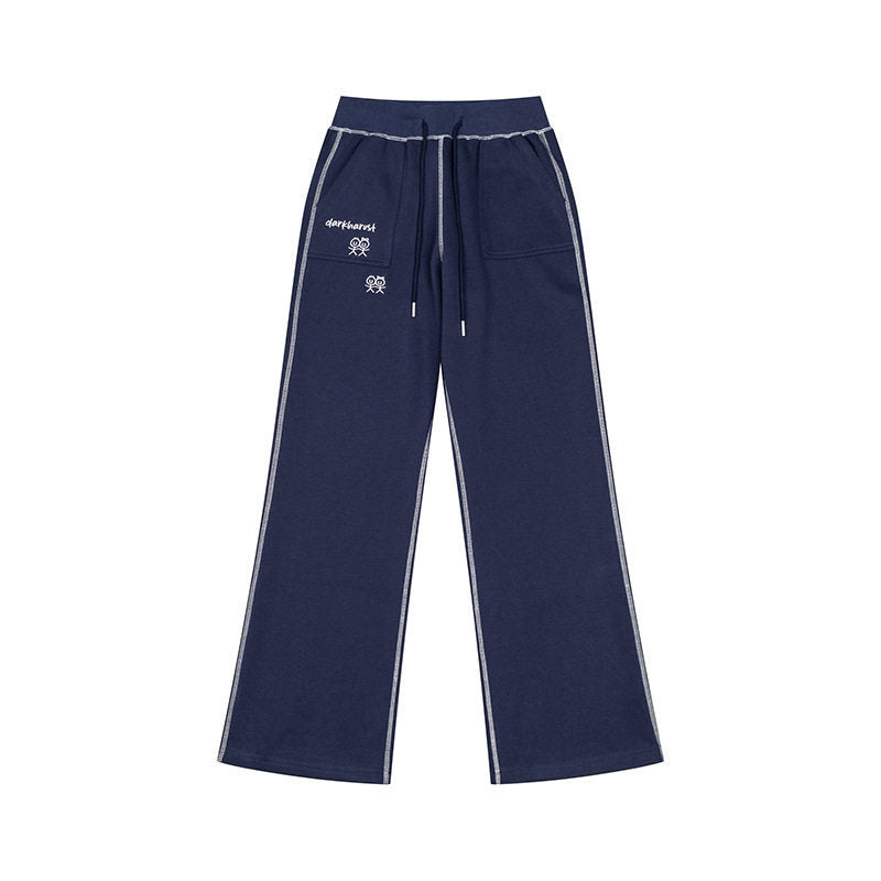 Women's Wide Lounge Pants with High Waist, Drawstring and Contrast Stitching Mune Fashion