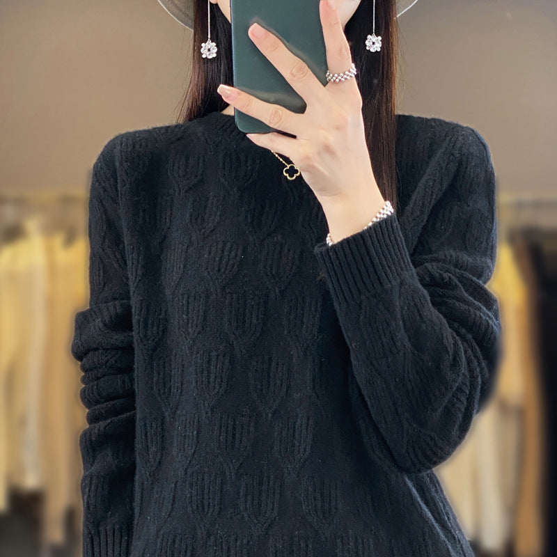 Women's Soft Mohair-Look Round Neck Sweater with Raised Tulip Texture Mune Fashion