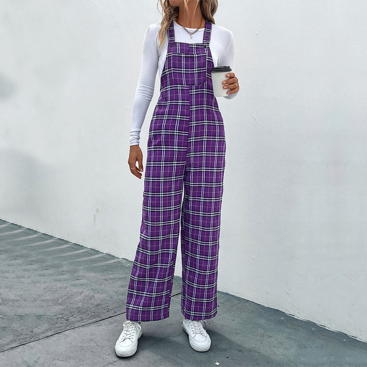 Women's Casual Checkered Jumpsuit with Wide Leg and Adjustable Straps Mune Fashion