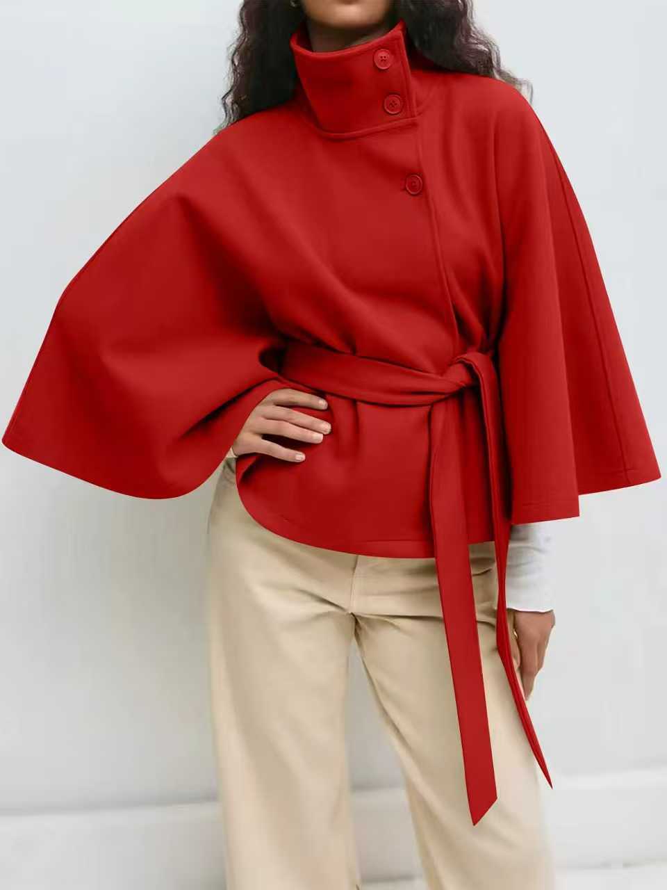 Women's Widely Cut Cape Coat with High Stand-up Collar, Button Placket, and Tie Belt Mune Fashion