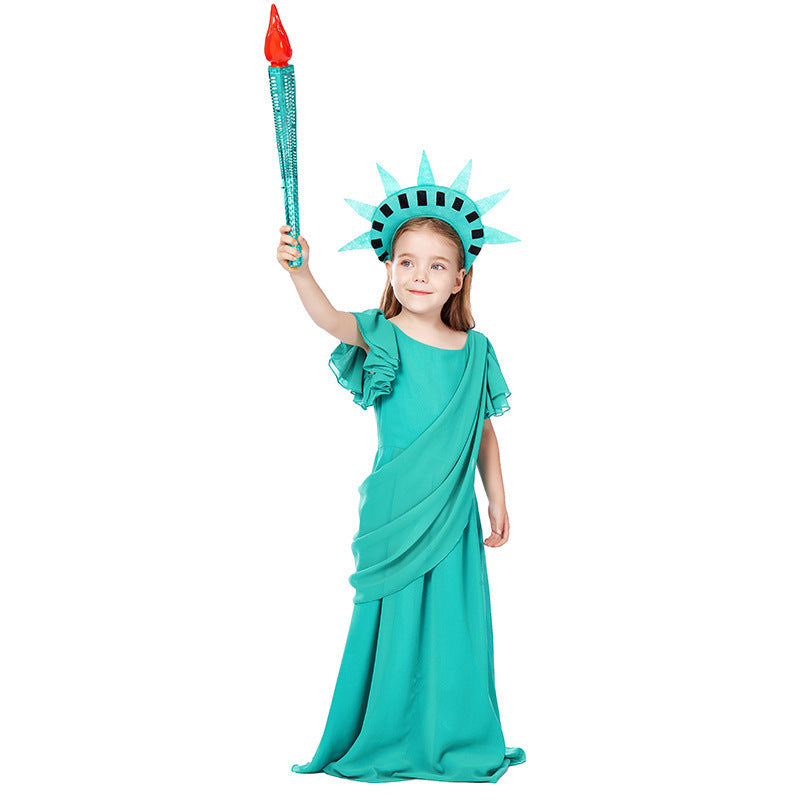 Girl costume as Statue of Liberty with elegant dress and accessories Mune Fashion