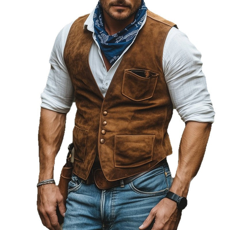 Men's Western-Inspired Suede Vest with Button Placket and Utility Pockets Mune Fashion