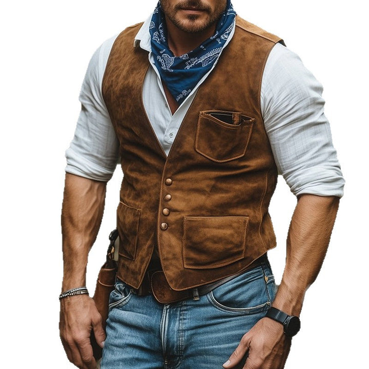 Men's Western-Inspired Suede Vest with Button Placket and Utility Pockets Mune Fashion