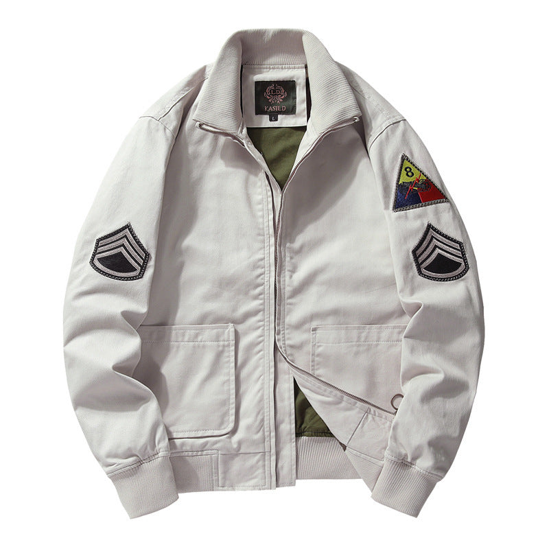 Men's Cotton Canvas Bomber Jacket with Embroidered Patches and Stand-Up Collar Mune Fashion