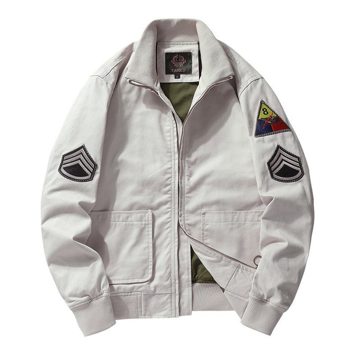Men's Cotton Canvas Bomber Jacket with Embroidered Patches and Stand-Up Collar Mune Fashion