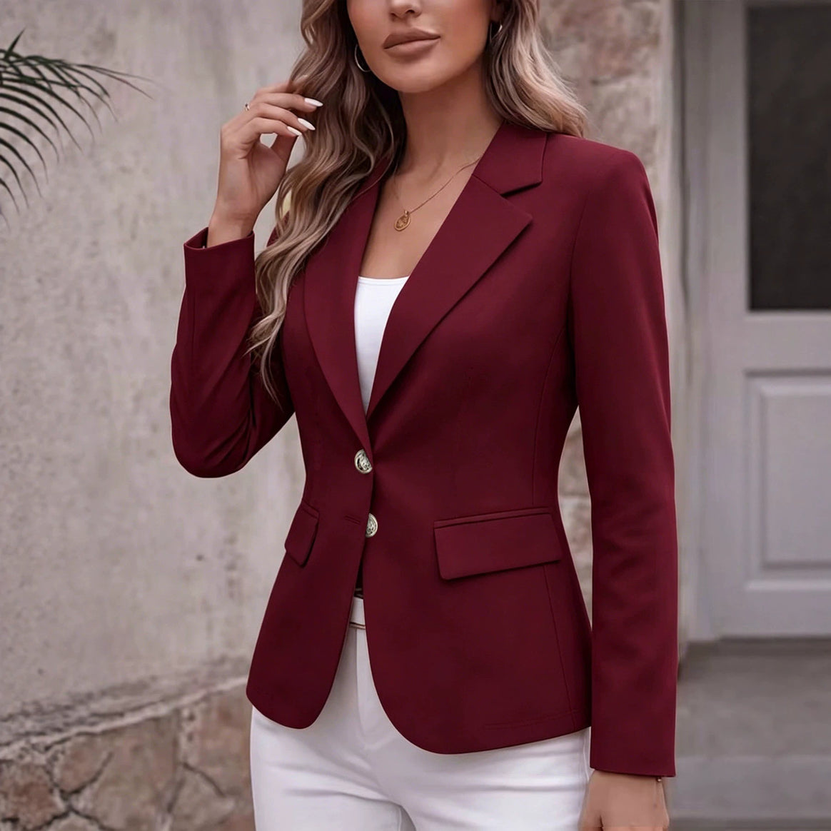Women Tailored Single-Breasted Blazer with Notch Lapel and Flap Pockets Mune Fashion