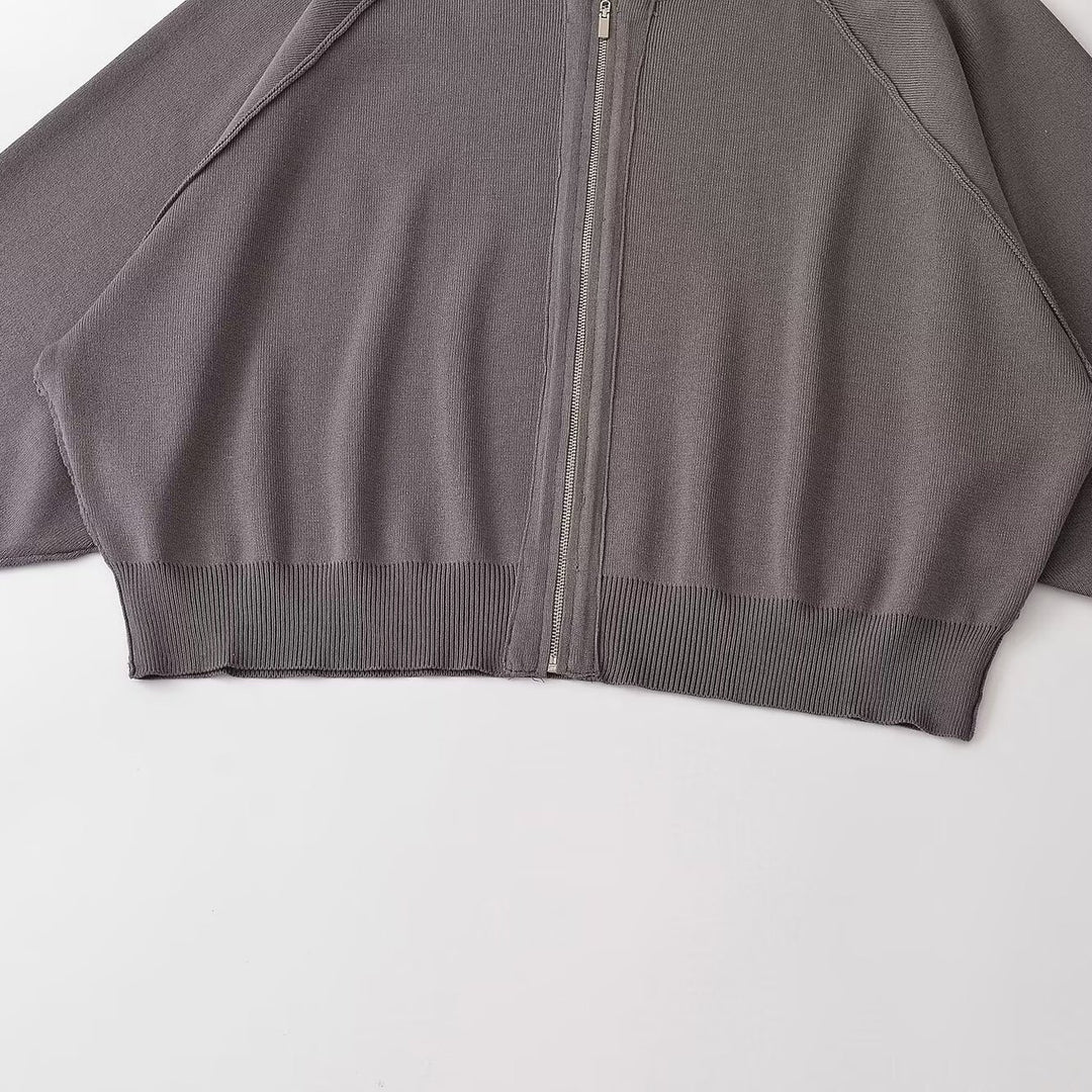 Women's Oversized Knit Bomber Jacket with Zipper and Raglan Sleeves Mune Fashion