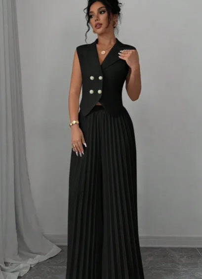 Women's Sleeveless Vest Blazer Top with Lapel and Pleated Palazzo Pants Two-Piece Evening Set Mune Fashion
