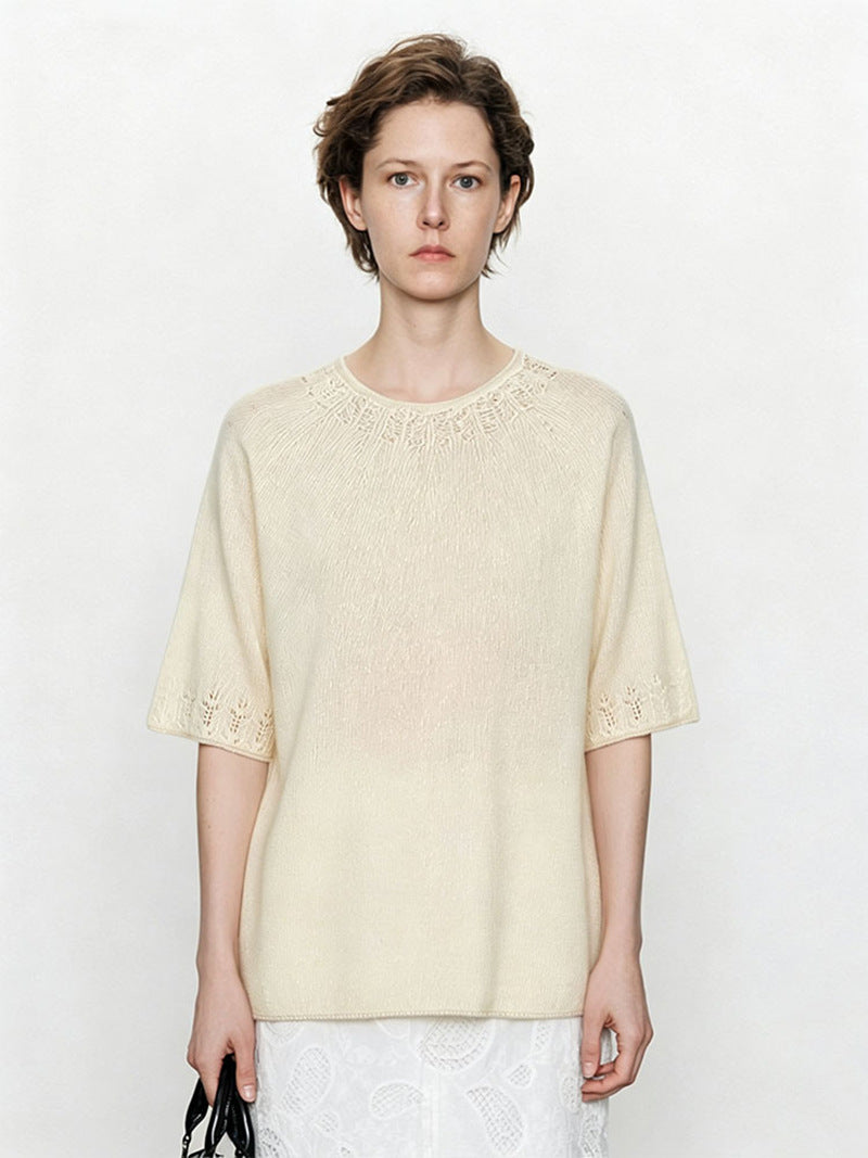 Ladies Lightweight Fine Knit Top with Half Sleeves, Round Neck and Fine Lace Pattern Mune Fashion