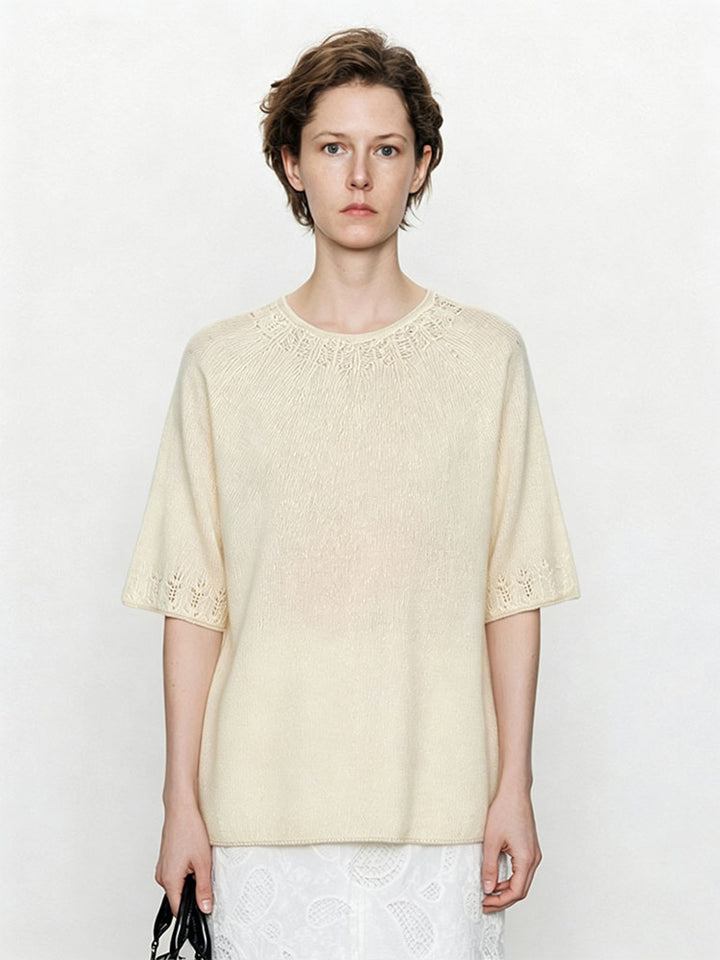 Ladies Lightweight Fine Knit Top with Half Sleeves, Round Neck and Fine Lace Pattern Mune Fashion