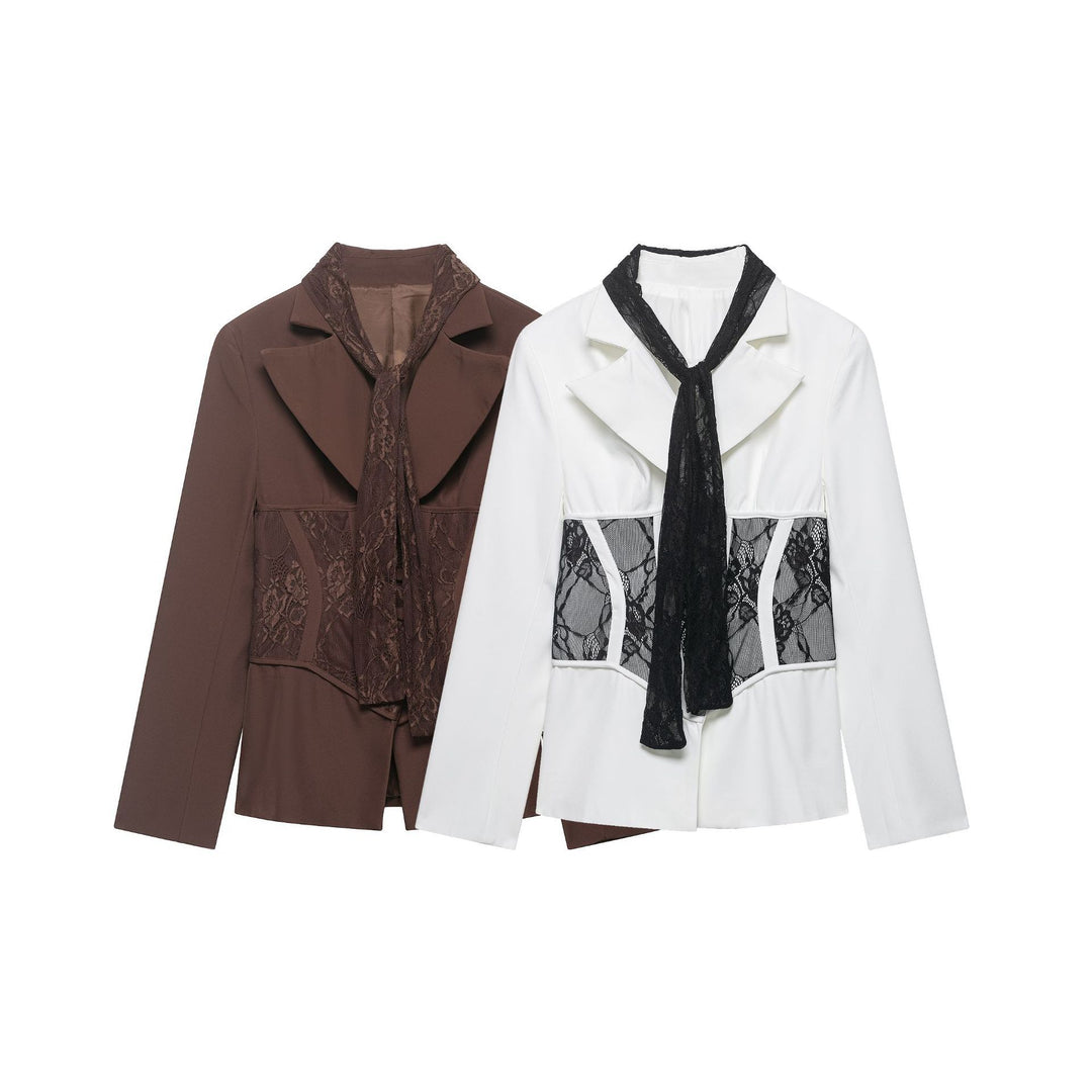 Women Tailored Blazer with Lace Inserts and Integrated Lace Scarf Mune Fashion