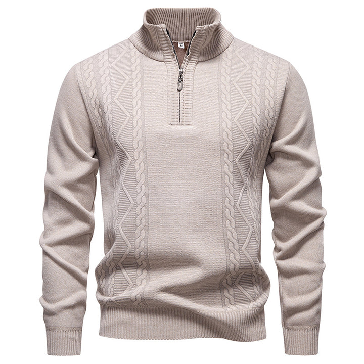 Men's premium knit pullover with half-zip, stand-up collar, and decorative cable pattern Mune Fashion