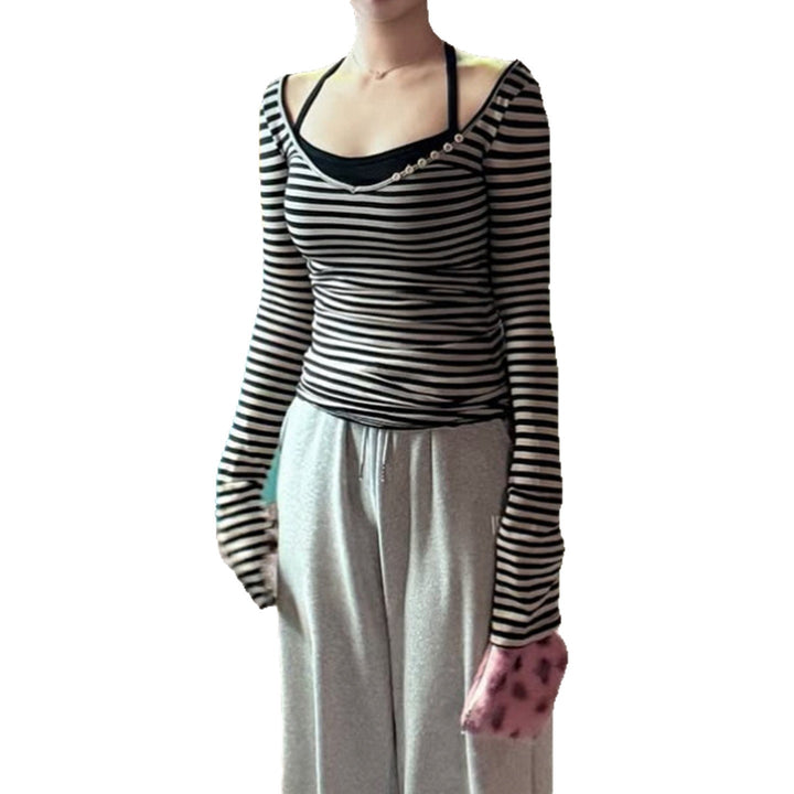 Women striped off-shoulder long sleeve shirt with diagonal decorative button placket and fitted silhouette Mune Fashion