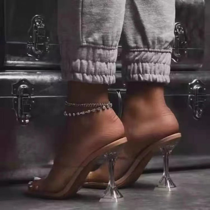 Women’s transparent slip-on mule with PVC straps, sculptural plexiglass heel, and padded insole Mune Fashion