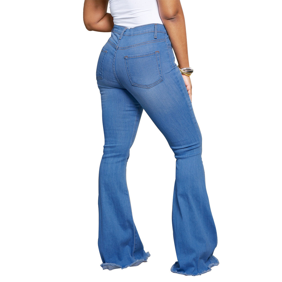 Ladies' waist-fitting flared jeans with ripped inserts and raw hem Mune Fashion
