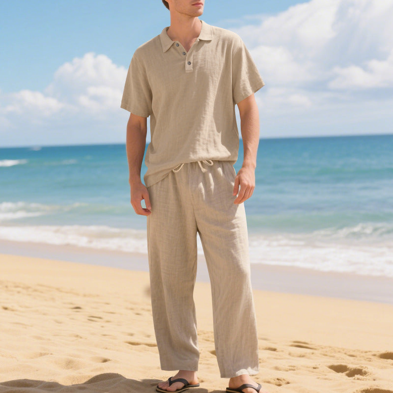 Men's airy linen ensemble with polo collar and adjustable waistband pants Mune Fashion