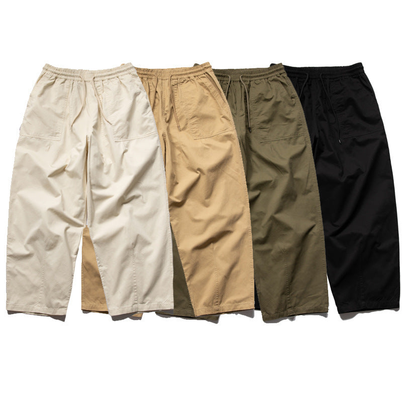 Men's Wide Relaxed Cargo Pants with Elastic Drawstring Waistband and Patch Pockets Mune Fashion