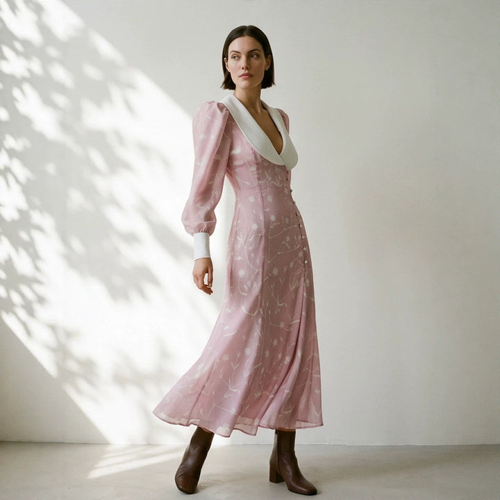 Women's midi dress with deep shawl collar, puff sleeves, and side slit Mune Fashion