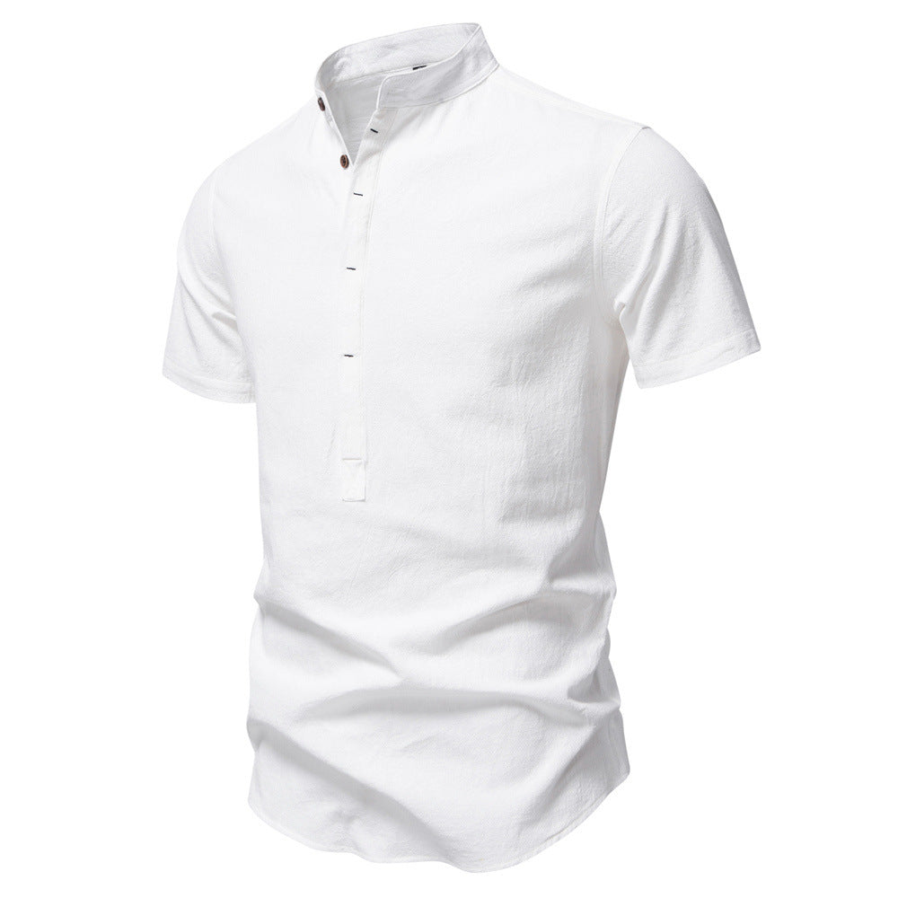 Men's casual short-sleeve shirt with stand-up collar, half button placket, and lightly textured cotton-linen quality Mune Fashion