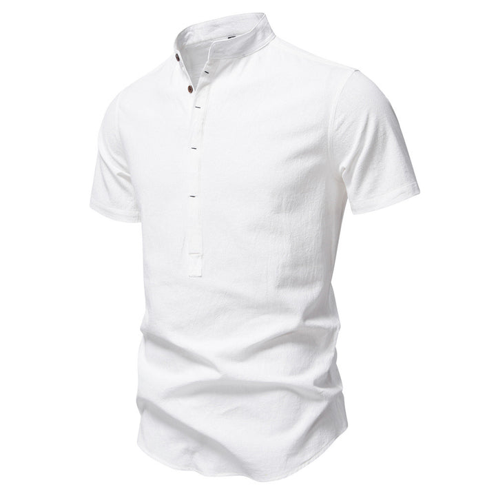 Men's casual short-sleeve shirt with stand-up collar, half button placket, and lightly textured cotton-linen quality Mune Fashion