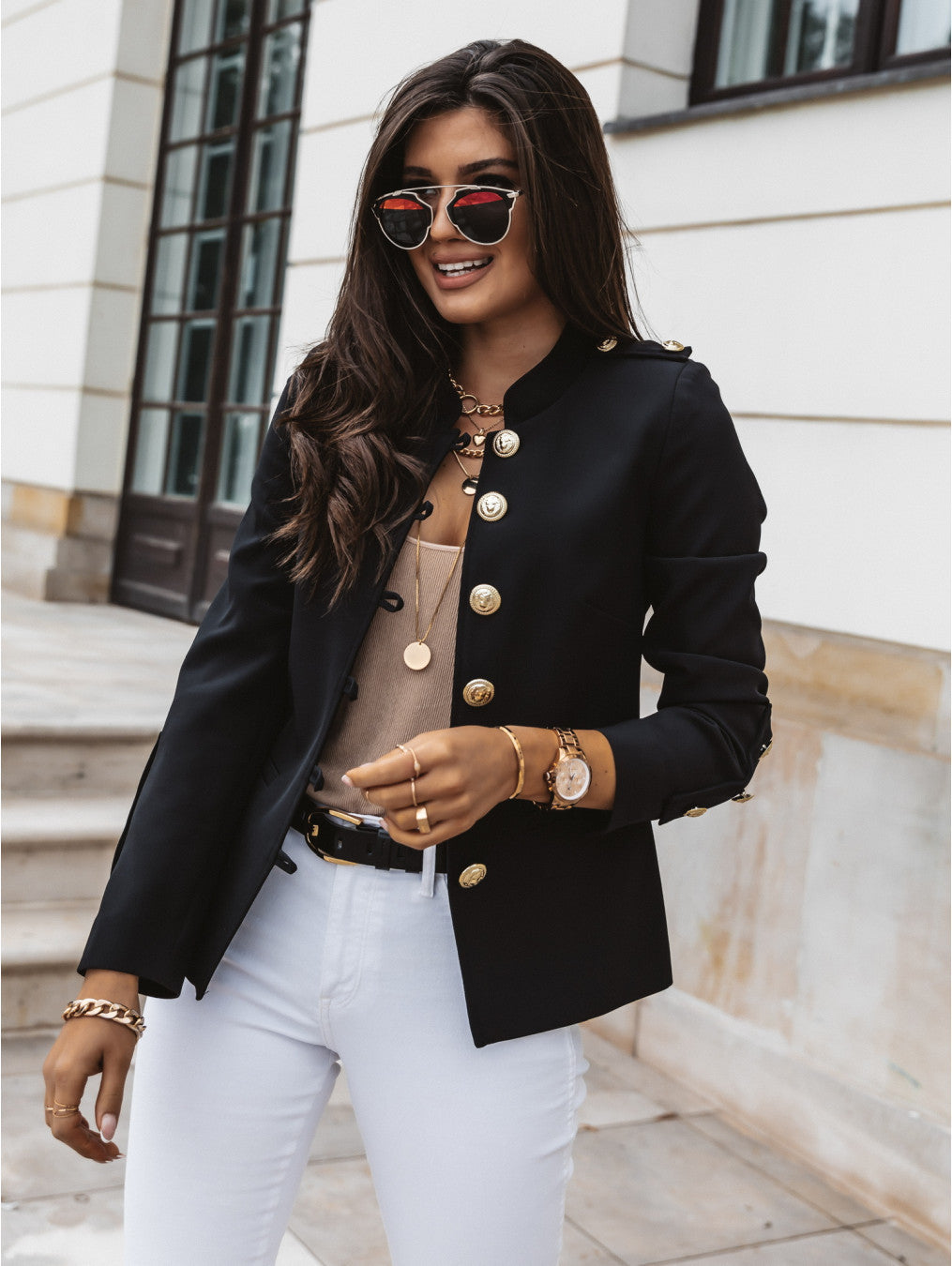 Women's military blazer with stand-up collar and decorative gold buttons Mune Fashion