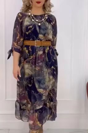 Ladies Elegant Chiffon Maxi Dress with Floral Trim, Tiered Skirt and 3/4 Sleeves Mune Fashion