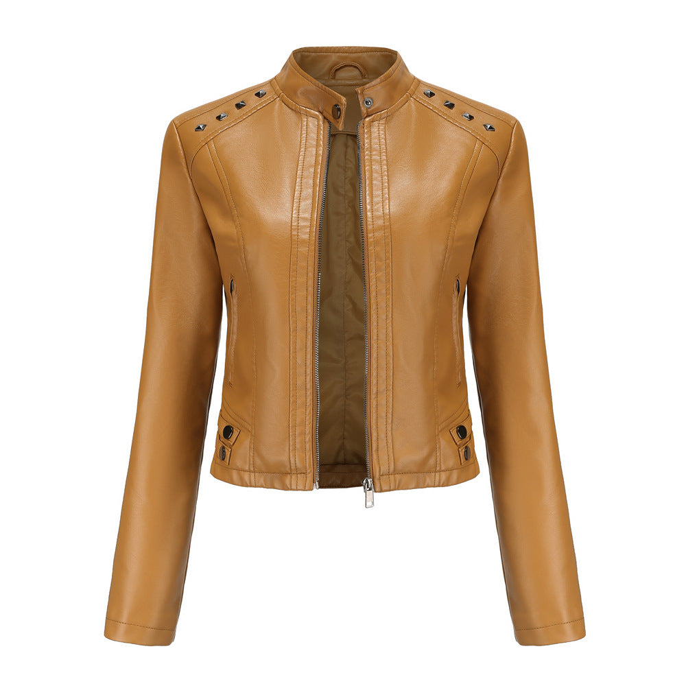 Women's short fitted faux leather jacket with studded detailing and stand-up collar Mune Fashion